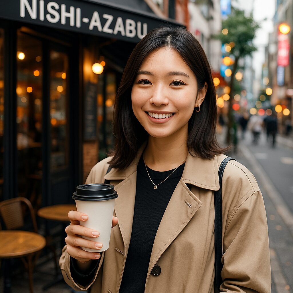 手にコーヒーを持ちながら路地を歩く女性の画像
