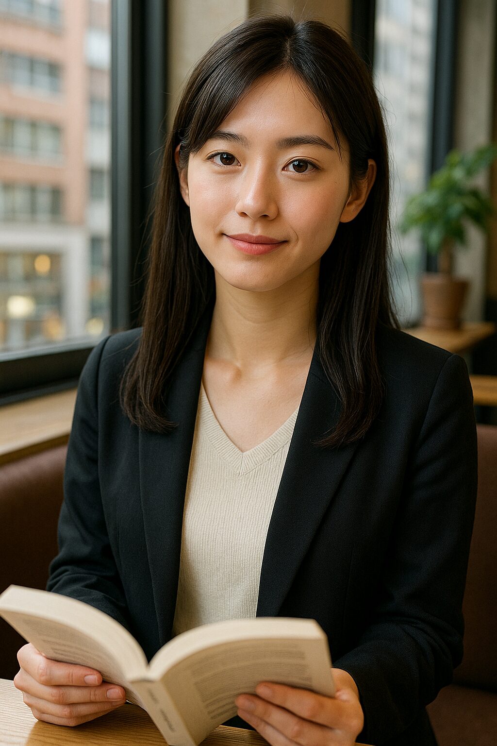 カフェで読書をする女性の画像